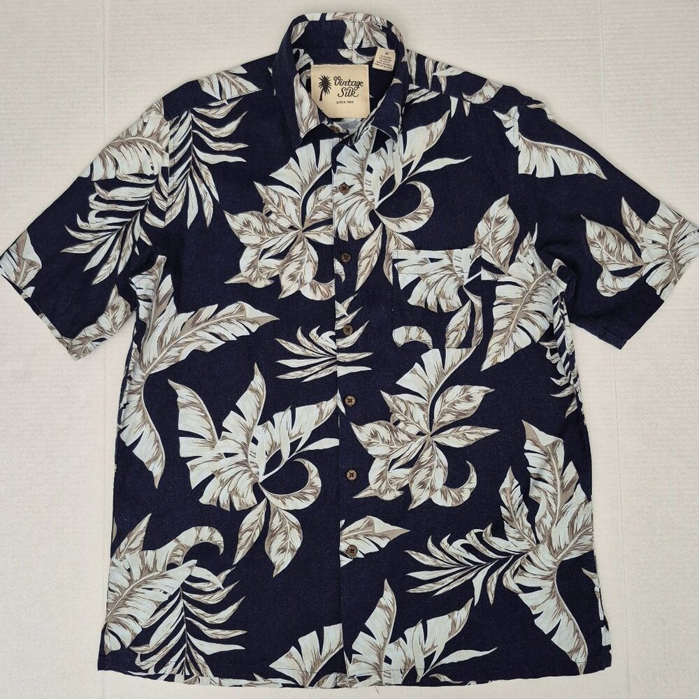 Vintage Silk Circa 1969 Blue Hawaiian Foliage Floral Linen & Rayon Shirt Men M